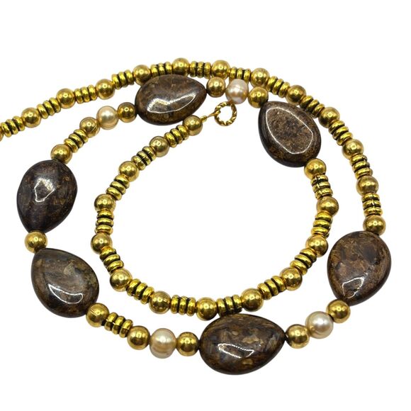 Handmade Brown Polished Gemstone Beaded Necklace Gold Tone Artisan Boho Jewelry - Picture 7 of 7